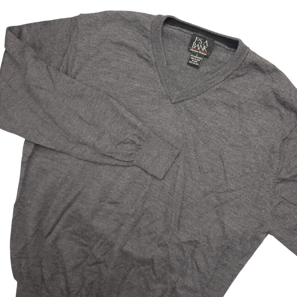Jos A Bank Sweater‎ Mens Large Gray 100% Merino Wool V Neck Knit Lightweight
